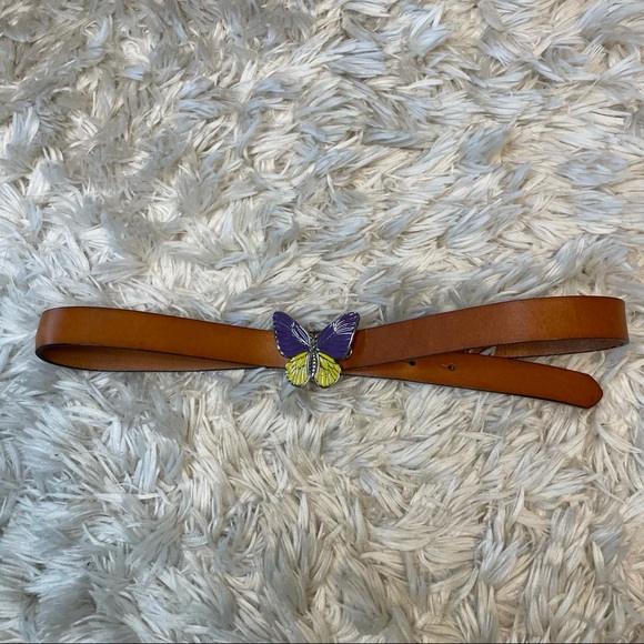 90s Style Purple Yellow Butterfly Belt Italian Leather - Picture 3 of 11